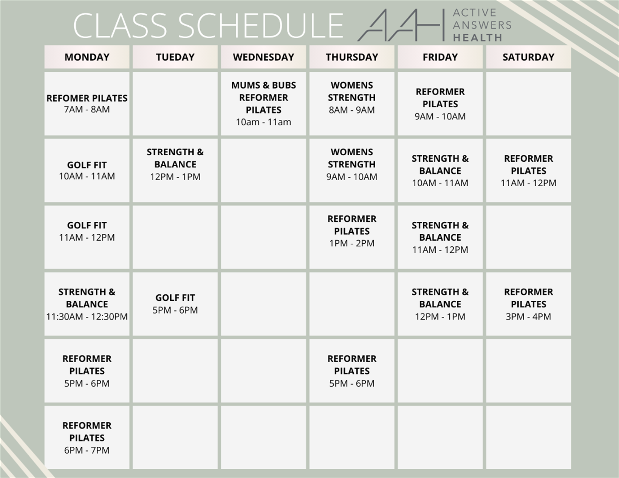 Group Exercise Class Timetable